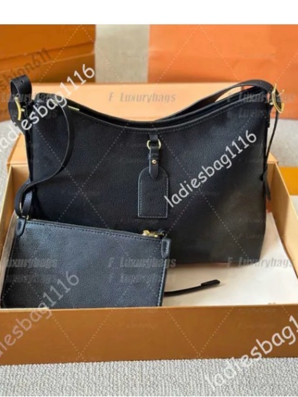 Black Leather Hobo Shoulder Bag with Pouch